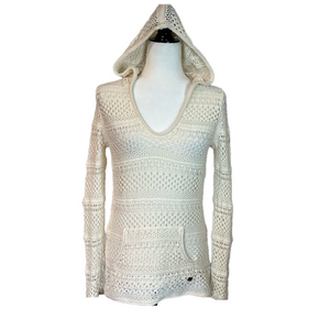 Kismet Crochet Split Neck Ivory Hoodie XS Open Knit Beach Summer Boho Coastal